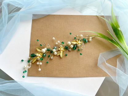 Custom order for Katherine - Handmade Gold Flower Emerald Crystal Bridal Hair Vine