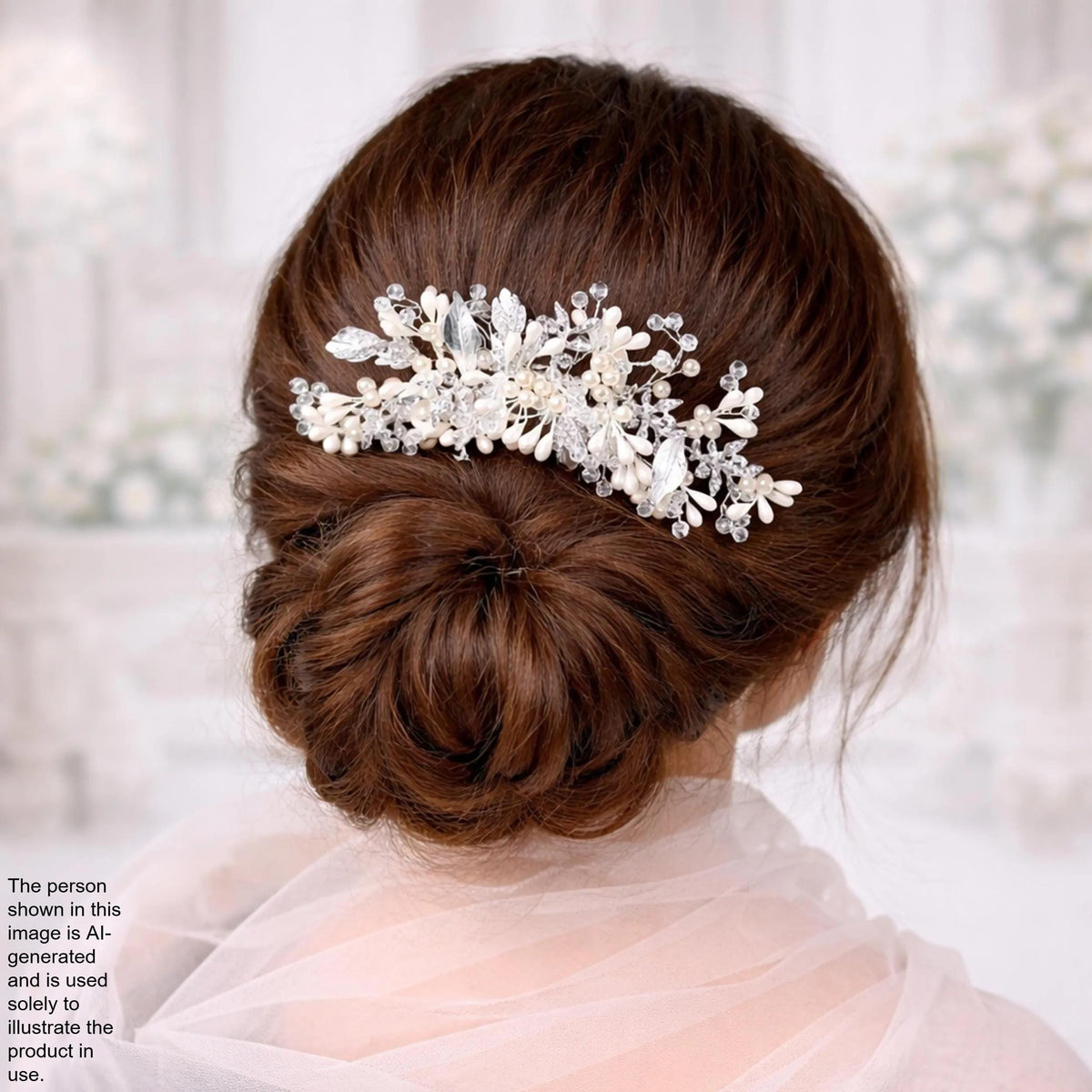 a woman's back view with her hair styled in a bun, adorned with a decorative hair accessory featuring white and silver embellishments.