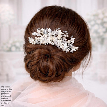 a woman's back view with her hair styled in a bun, adorned with a decorative hair accessory featuring white and silver embellishments.