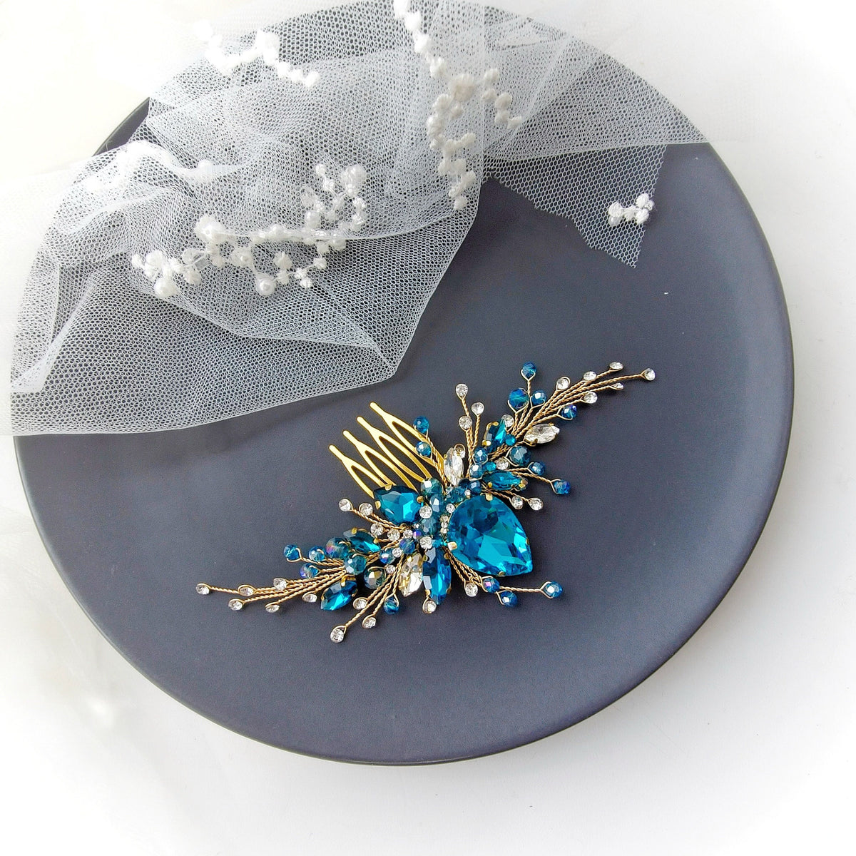 Gold Turquoise@Teal Crystal Wedding Hair Comb. Gold Wedding Hair Piece. Bridesmaids Hair Piece. Wedding Hair Jewelry. Prom hair comb VF-567