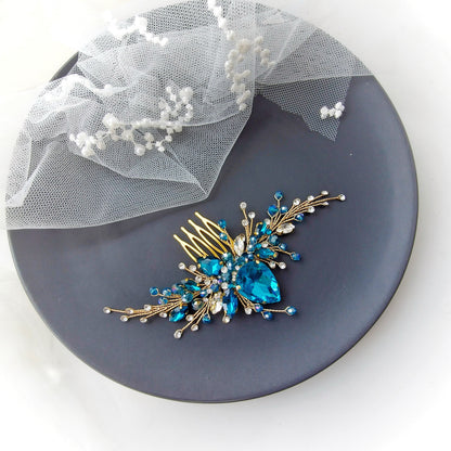 Gold Turquoise@Teal Crystal Wedding Hair Comb. Gold Wedding Hair Piece. Bridesmaids Hair Piece. Wedding Hair Jewelry. Prom hair comb VF-567