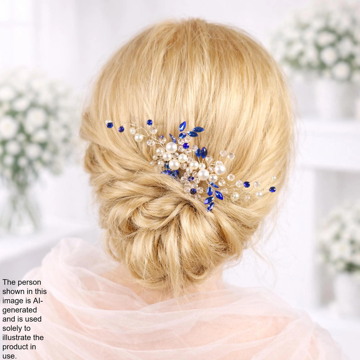 a woman's blonde hair styled in a bun, adorned with a decorative hair accessory featuring blue and pearl elements.
