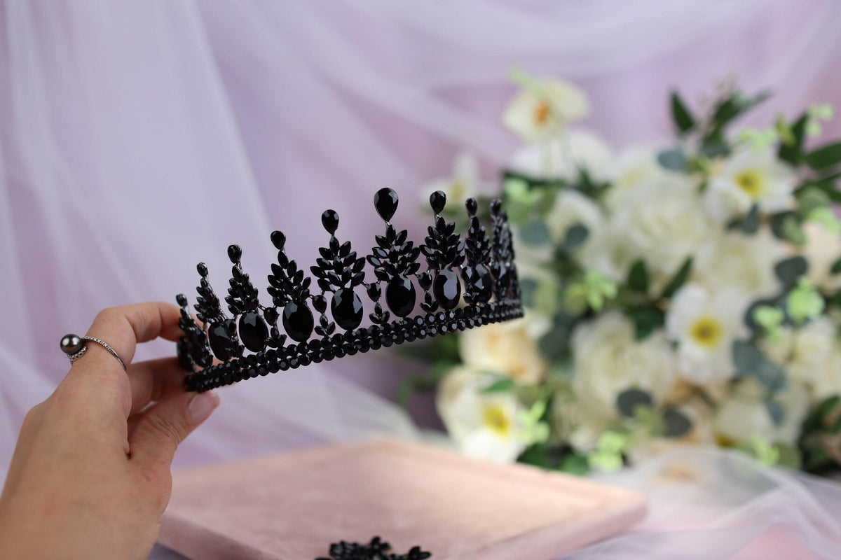 Black Crystal Tiara and Earrings Set, Gothic Wedding Headpiece, Bridal Crown Set