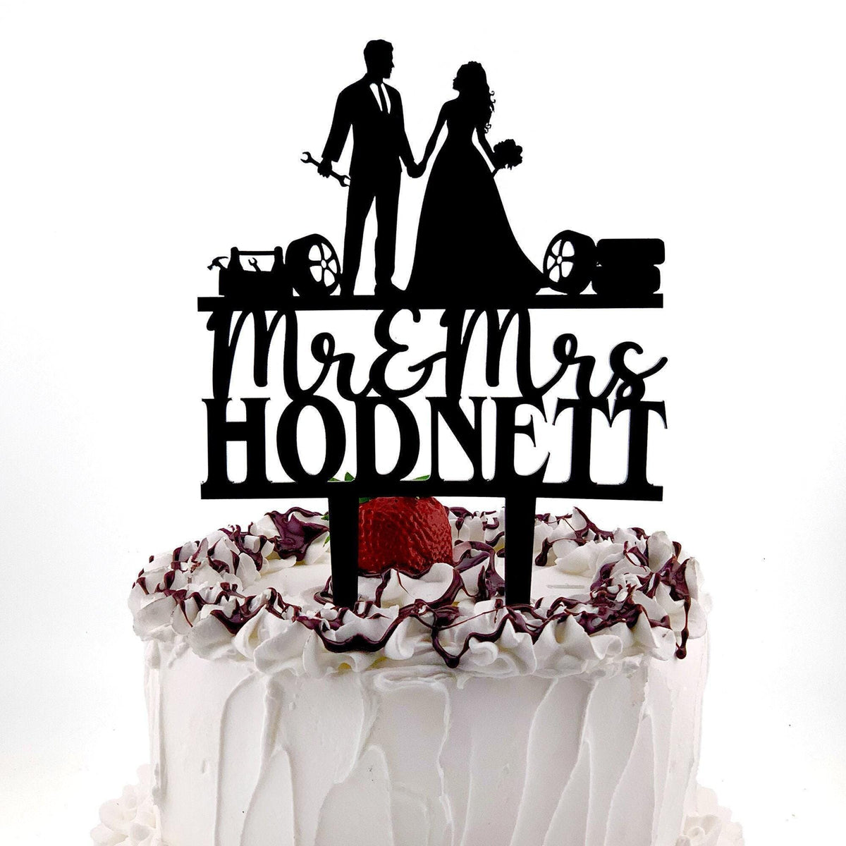 Mechanic Wedding Cake Topper: Bride Dragging Groom, Wrench Tools