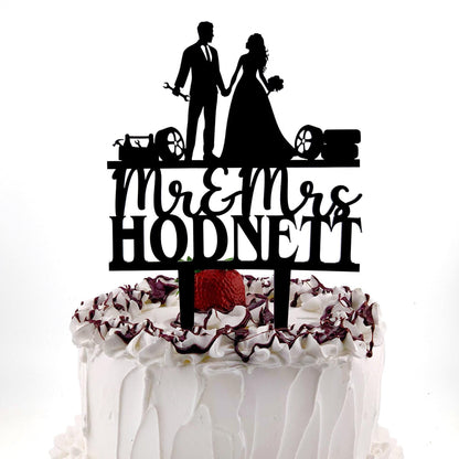 Mechanic Wedding Cake Topper: Bride Dragging Groom, Wrench Tools