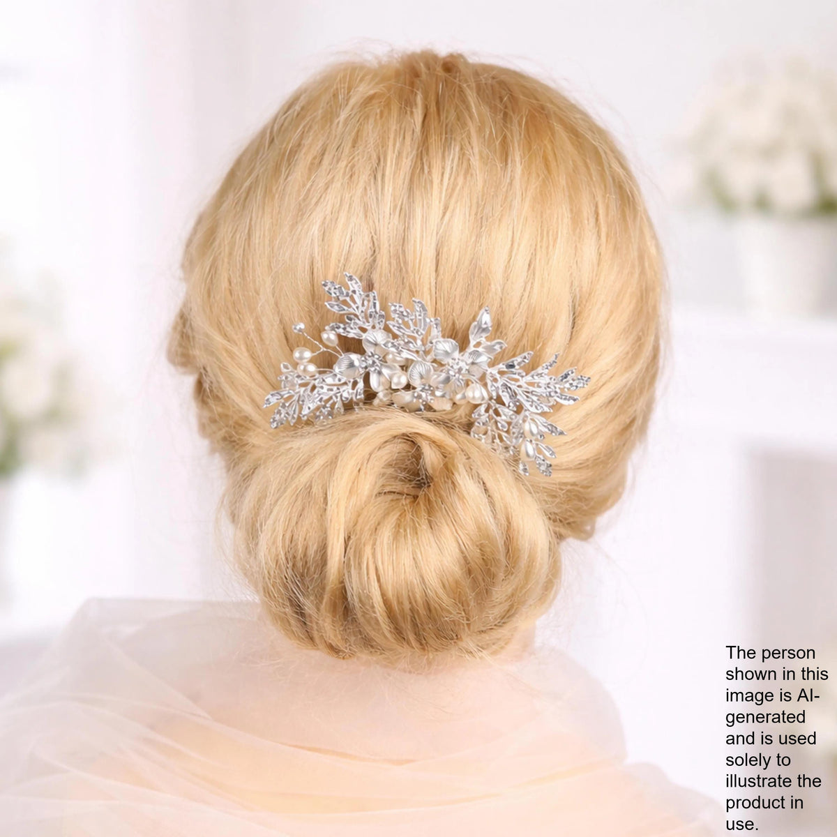 A close-up of a woman's blonde hair with a decorative hair accessory, possibly a hair clip or headband, in the background.