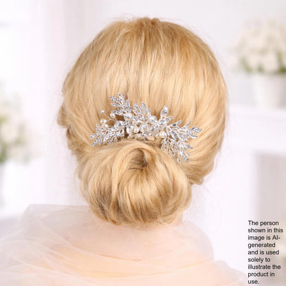 A close-up of a woman's blonde hair with a decorative hair accessory, possibly a hair clip or headband, in the background.