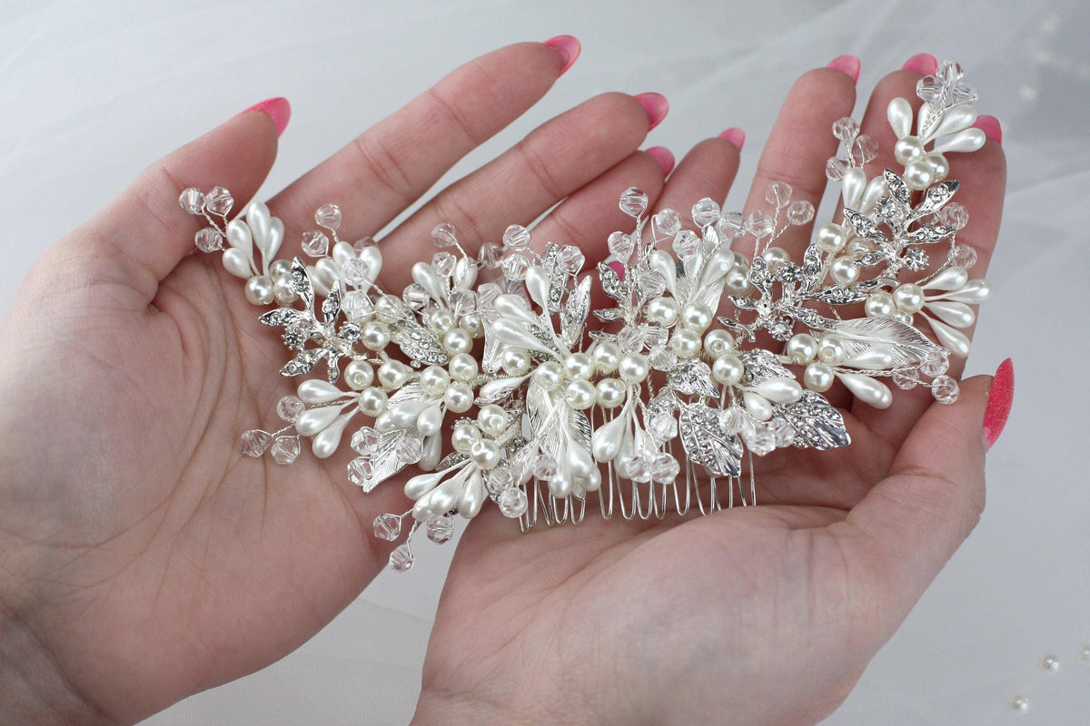 Pearl Floral Bridal Comb, Crystal Wedding Hair Piece, 6 Inch