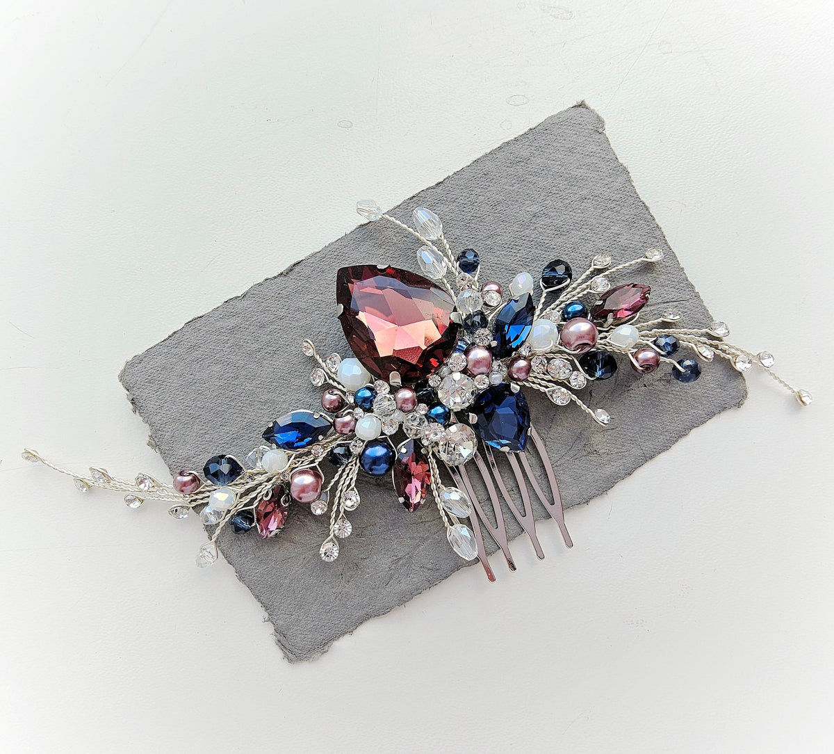 Burgundy And Navy Blue Crystal Wedding Hair Comb, Bridal Hair Piece, 6 Inch