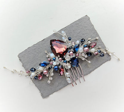 Burgundy And Navy Blue Crystal Wedding Hair Comb, Bridal Hair Piece, 6 Inch