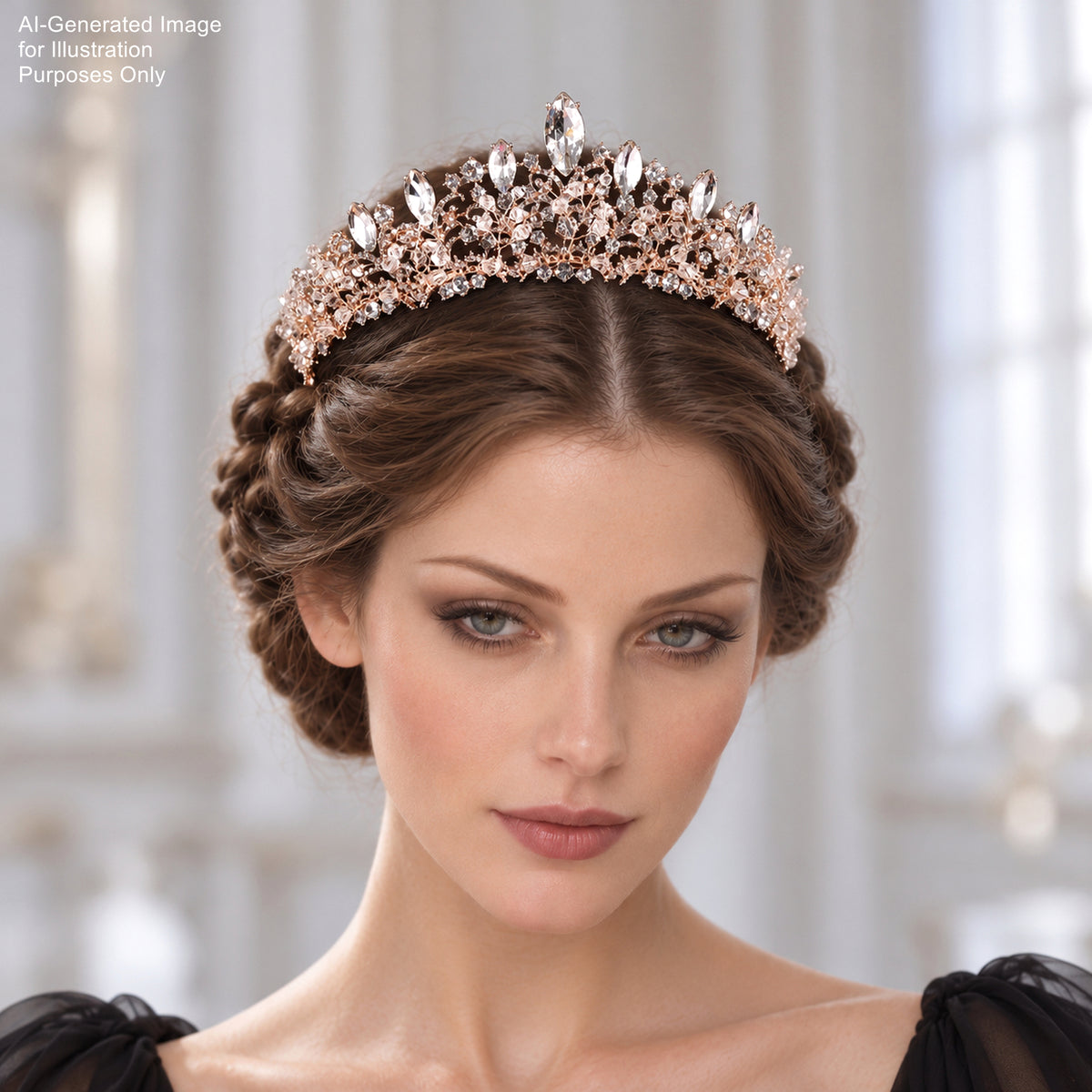 A woman with a tiara on her head, wearing a black dress, looking directly at the camera with a serious expression.