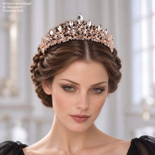 A woman with a tiara on her head, wearing a black dress, looking directly at the camera with a serious expression.