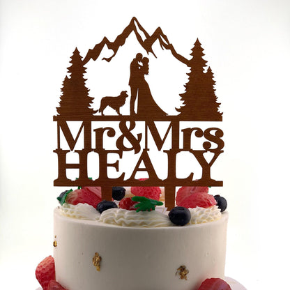 Mountain Wedding Cake Topper: Hiking Couple, Dog Silhouette