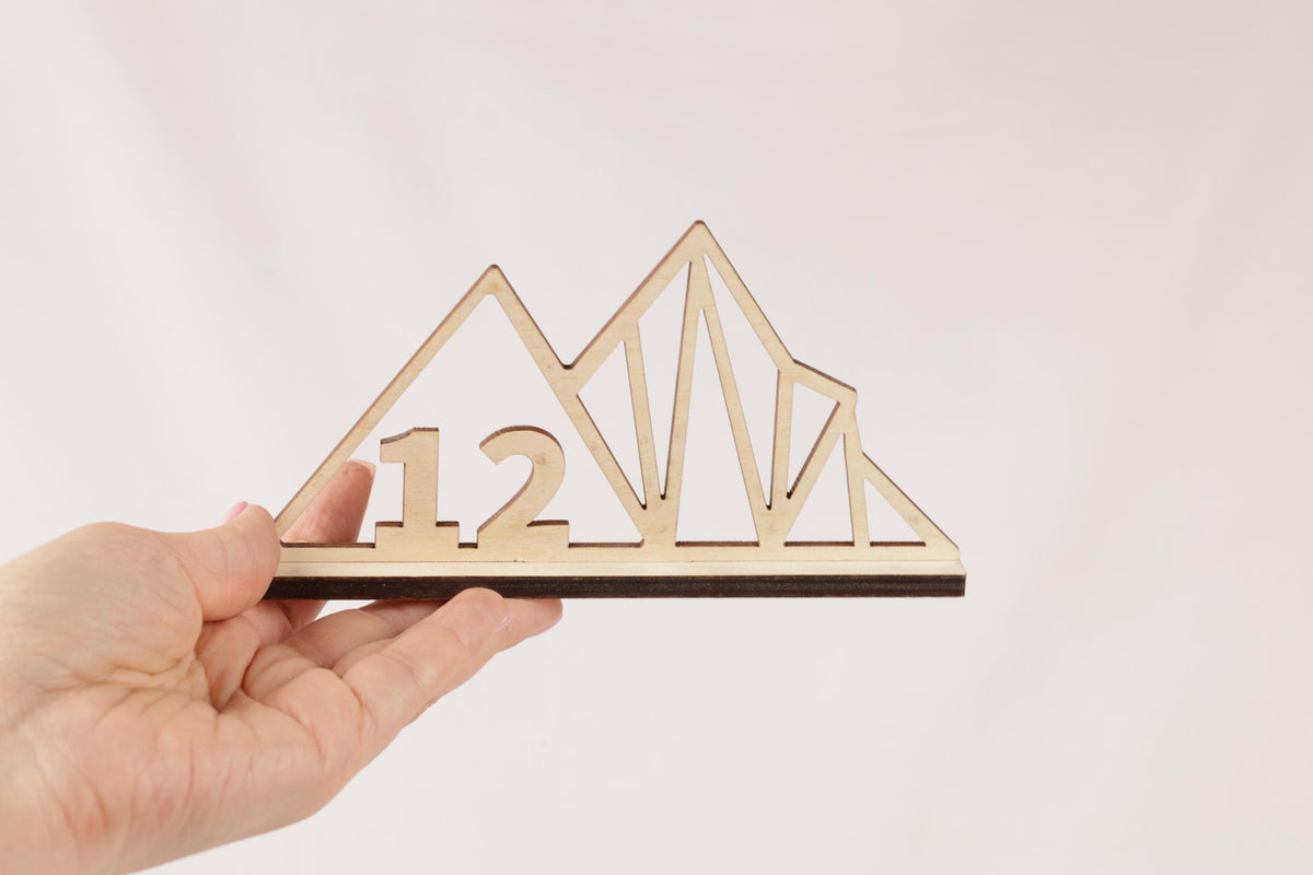 A hand is holding a wooden object that has the number 12 on it.
