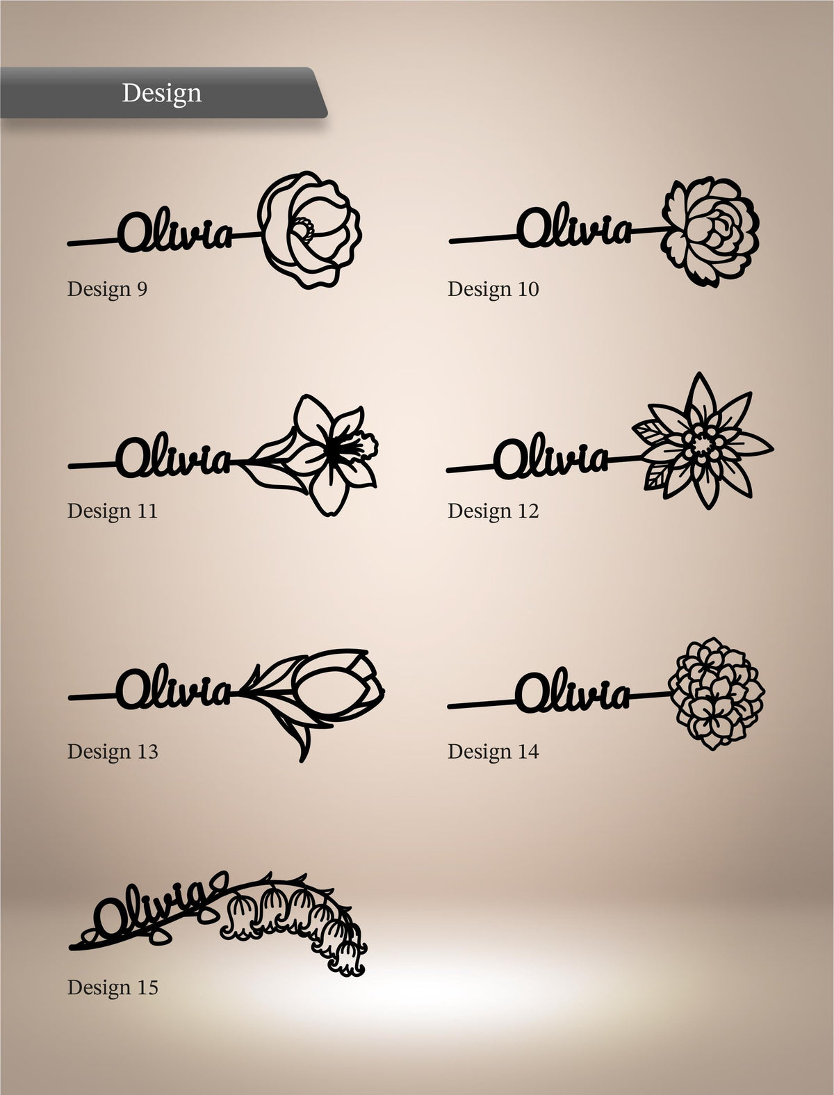 a collection of flower designs, each with a different name, such as "Olivia" and "Olivia" with various flower types like roses, lilies, and daisies.
