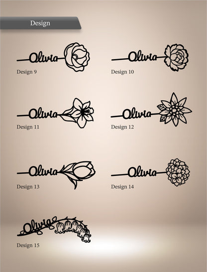 a collection of flower designs, each with a different name, such as "Olivia" and "Olivia" with various flower types like roses, lilies, and daisies.