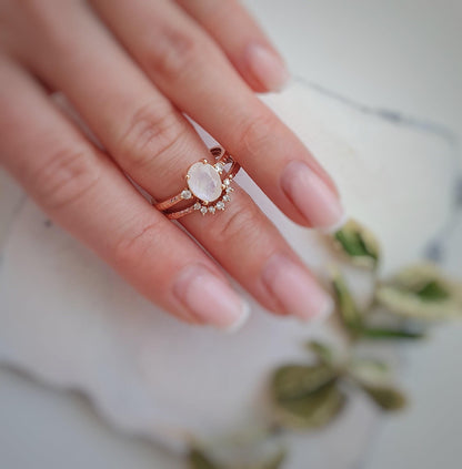 Rainbow Moonstone Engagement Ring Set: Rose Gold Plated Sterling Silver