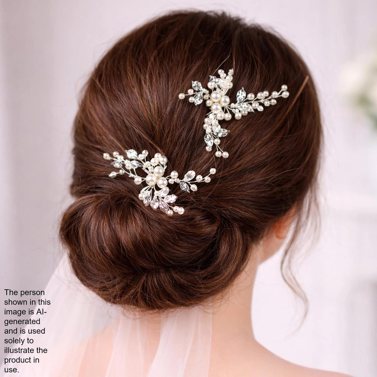 the back view of a woman's head with her hair styled in a bun, wearing two decorative hair clips with floral and pearl embellishments.