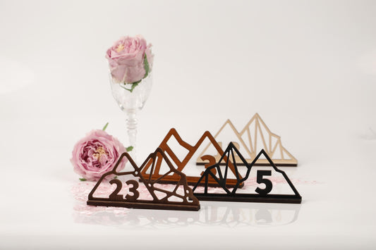 a glass vase with a pink rose, a wooden stand with a geometric design, and a set of wooden and metal shapes with numbers on them, all set against a white background.