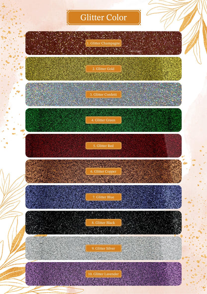 a color chart with various glitter colors, including Champagne, Gold, Confectioni, Green, Red, Copper, Blue, Black, Silver, and Lavender.