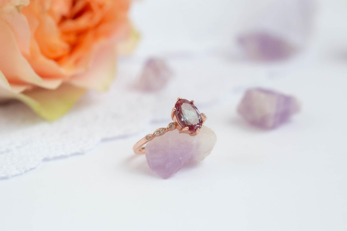 Oval Alexandrite Engagement Ring Set: Rose Gold Sterling Silver Bridal Jewelry