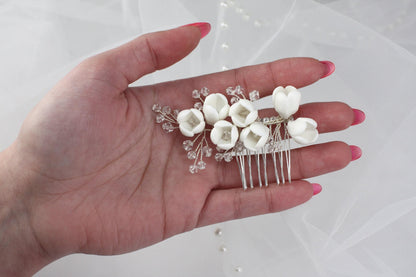 White Flower Bridal Hair Comb, Crystal Silver Wedding Hairpiece, 6 Inch