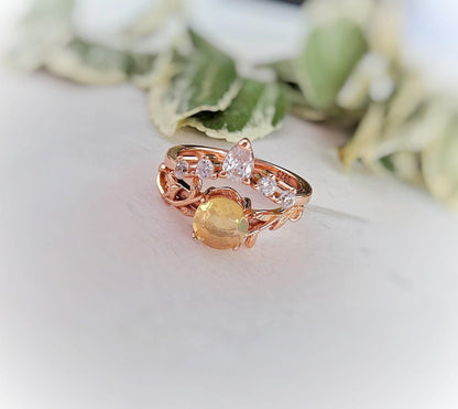 Opal Engagement Ring Set: Rose Gold Leaf & CZ Wedding Band