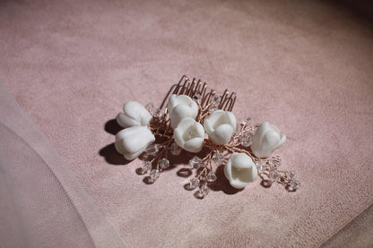 White Flower Bridal Hair Comb, Rose Gold Crystal Wedding Hairpiece, 6 Inch