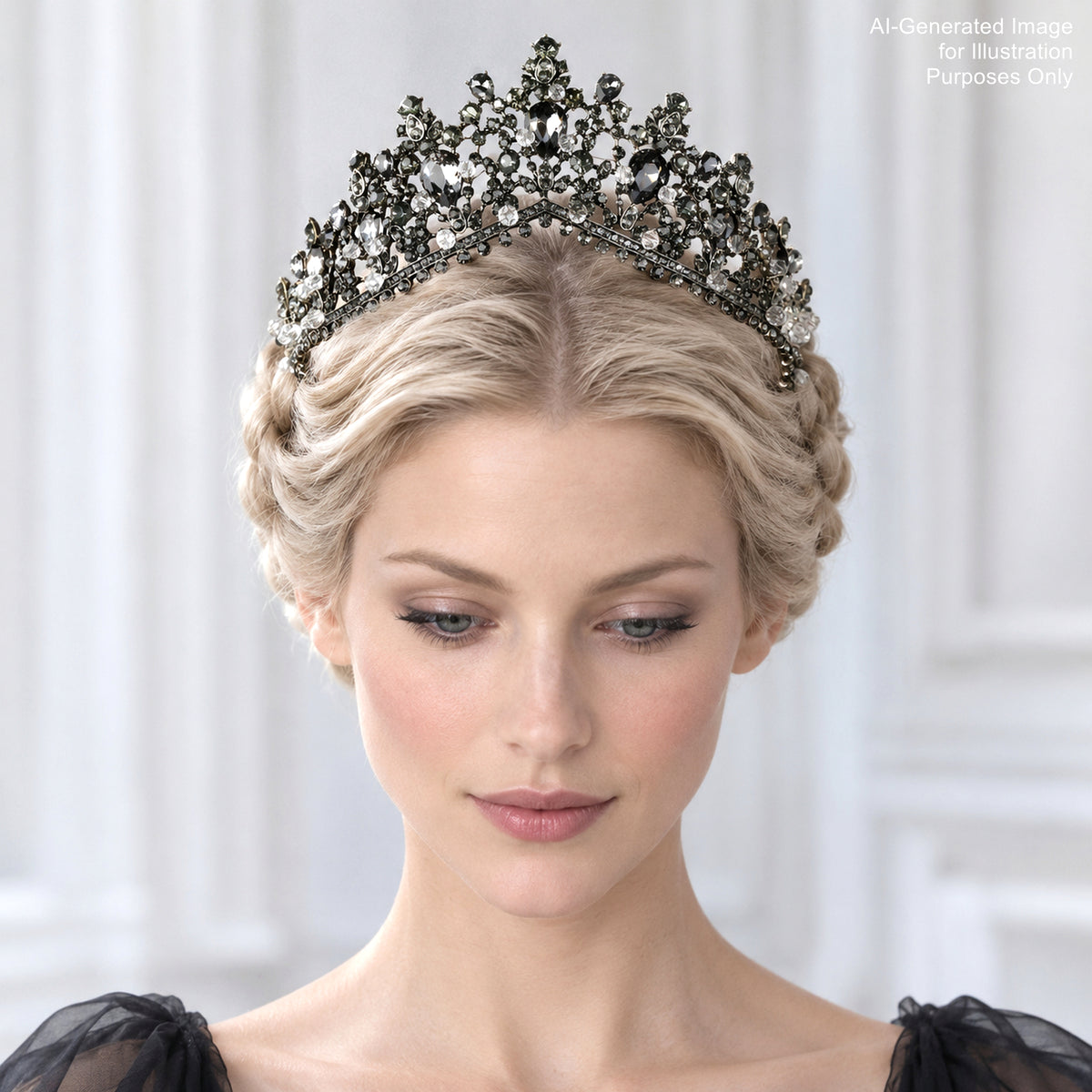 A woman with blonde hair wearing a large, ornate tiara with a black and white design.