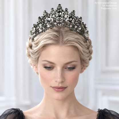 A woman with blonde hair wearing a large, ornate tiara with a black and white design.