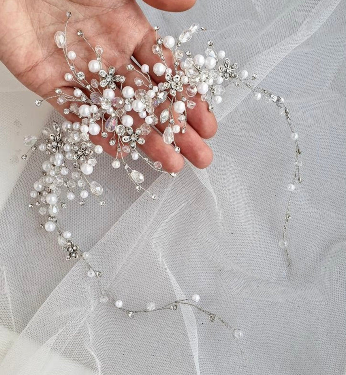 Pearl Crystal Wedding Hair Vine: Silver Bridal Headpiece, 16 Inch