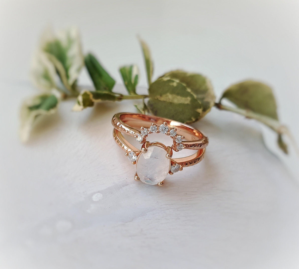 Rainbow Moonstone Engagement Ring Set: Rose Gold Plated Sterling Silver