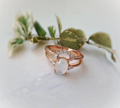 Rainbow Moonstone Engagement Ring Set: Rose Gold Plated Sterling Silver