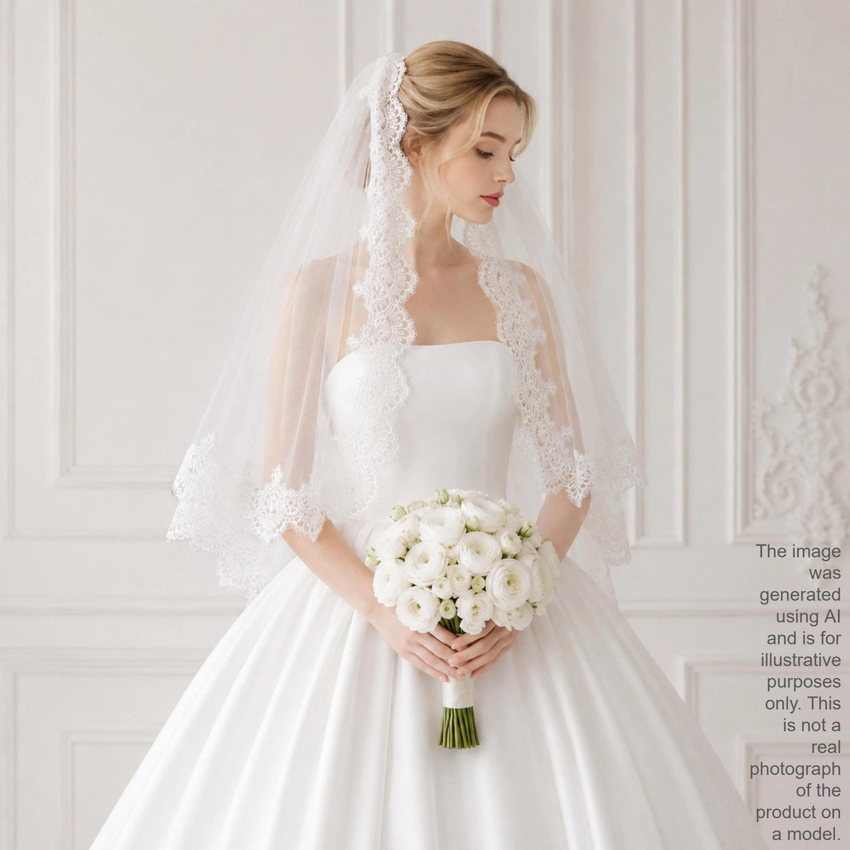 A woman in a white wedding dress holding a bouquet of white flowers stands in front of a white wall.