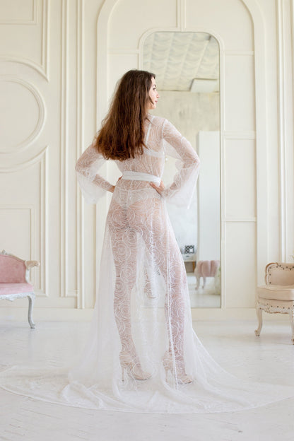 Sheer Lace Bridal Robe with Train, Romantic Wedding Lingerie Honeymoon Outfit