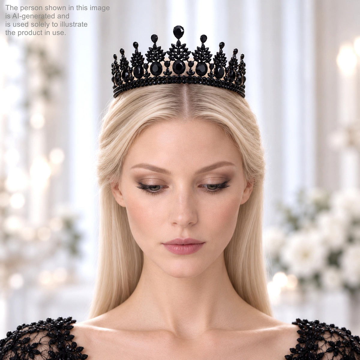 A woman with blonde hair wearing a black crown-like headpiece with black jewels.