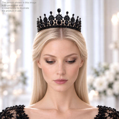 A woman with blonde hair wearing a black crown-like headpiece with black jewels.
