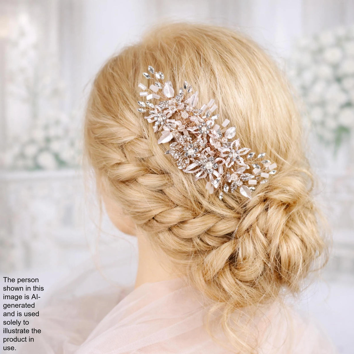 A close-up of a woman's blonde hair with a decorative hair accessory, possibly a flower or crystal piece, in the back of her head.
