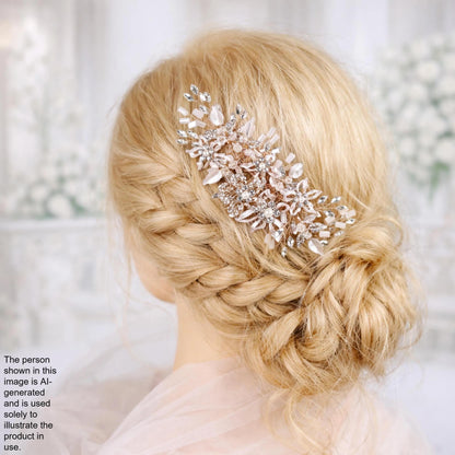 A close-up of a woman's blonde hair with a decorative hair accessory, possibly a flower or crystal piece, in the back of her head.