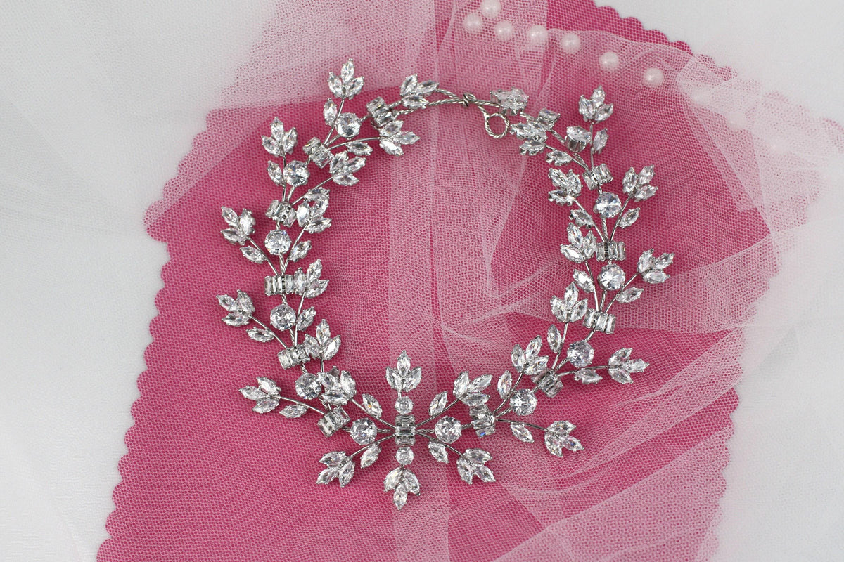 Handmade Crystal Bridal Hair Vine: Silver Floral Wedding Headpiece
