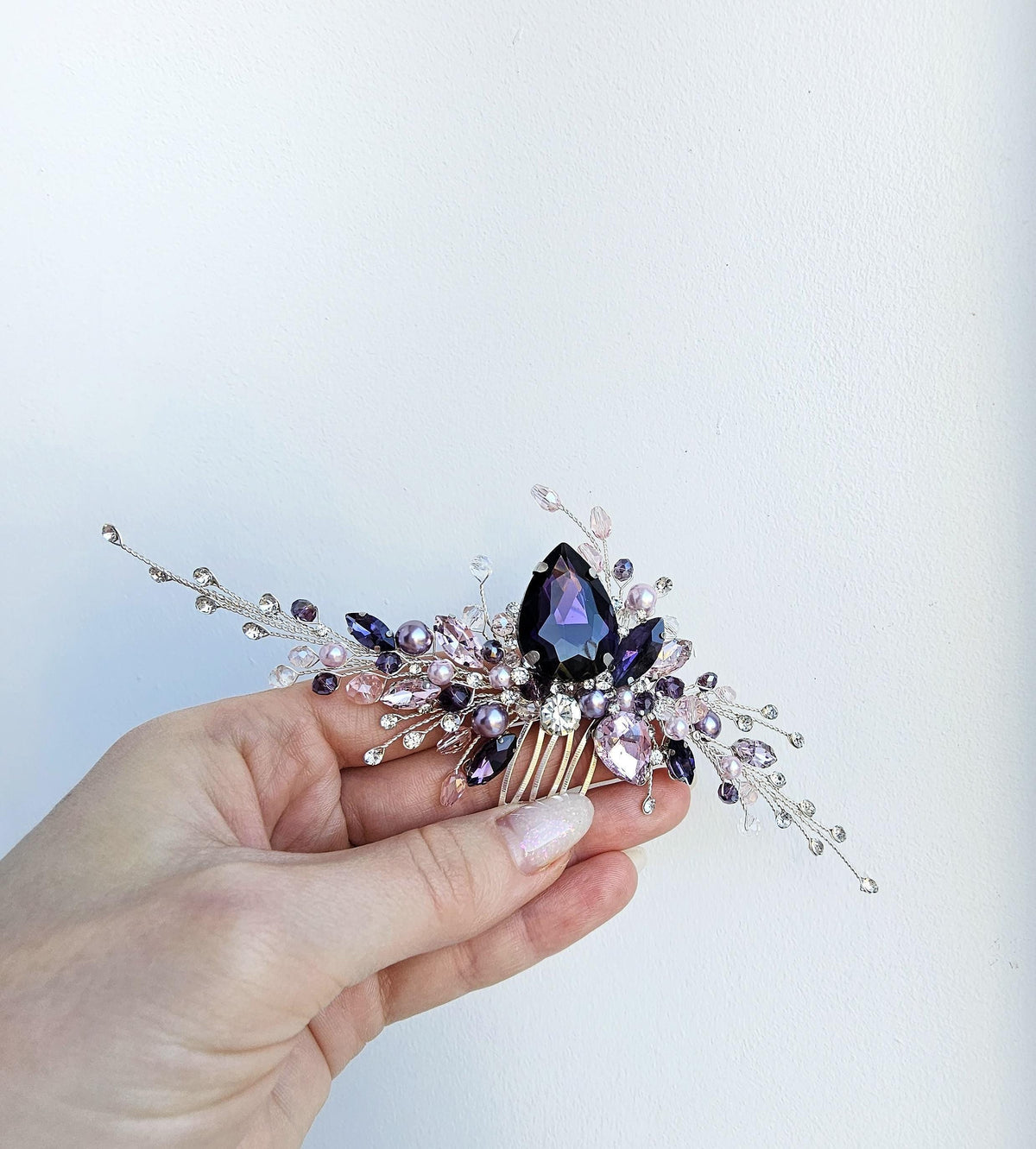 Purple Crystal Bridal Hair Comb, Silver Wedding Hairpiece, 6 Inch