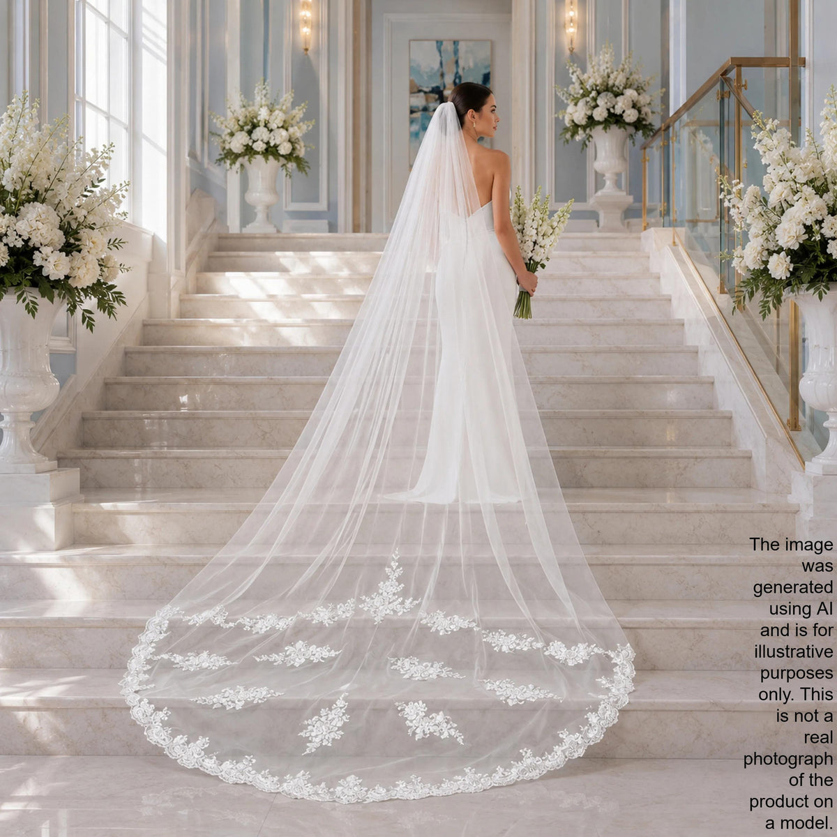 A bride in a white wedding dress stands on a staircase, her long veil with intricate lace detailing flowing behind her.