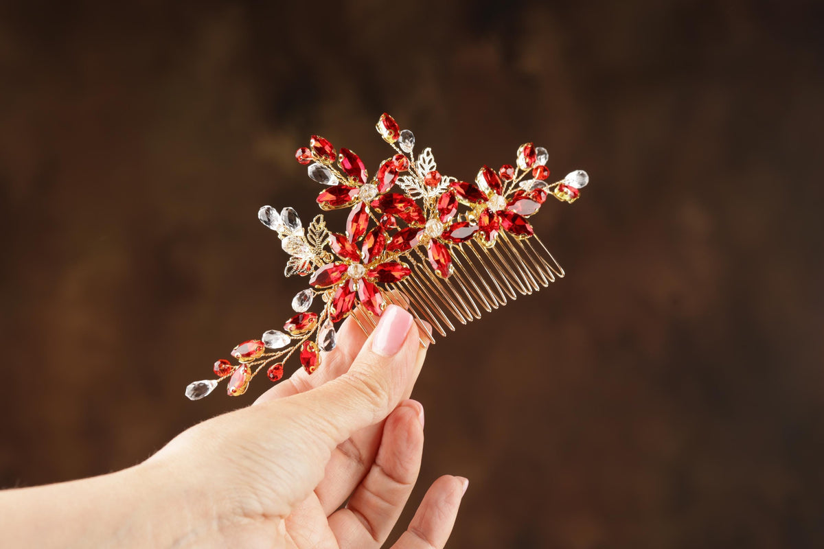 Red Crystal Floral Bridal Hair Comb, Gold Rhinestone Wedding Hairpiece