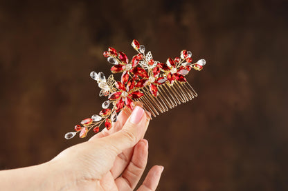 Red Crystal Floral Bridal Hair Comb, Gold Rhinestone Wedding Hairpiece