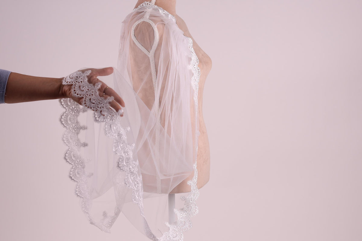 A hand holding a delicate white lace veil with a scalloped edge, against a plain white background.