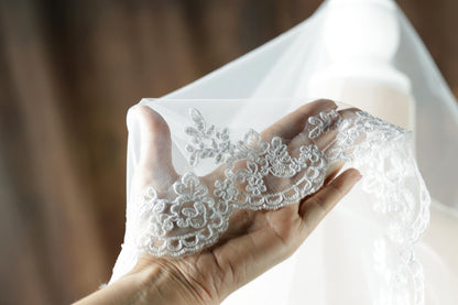 A hand holding a delicate white lace veil with intricate floral patterns.