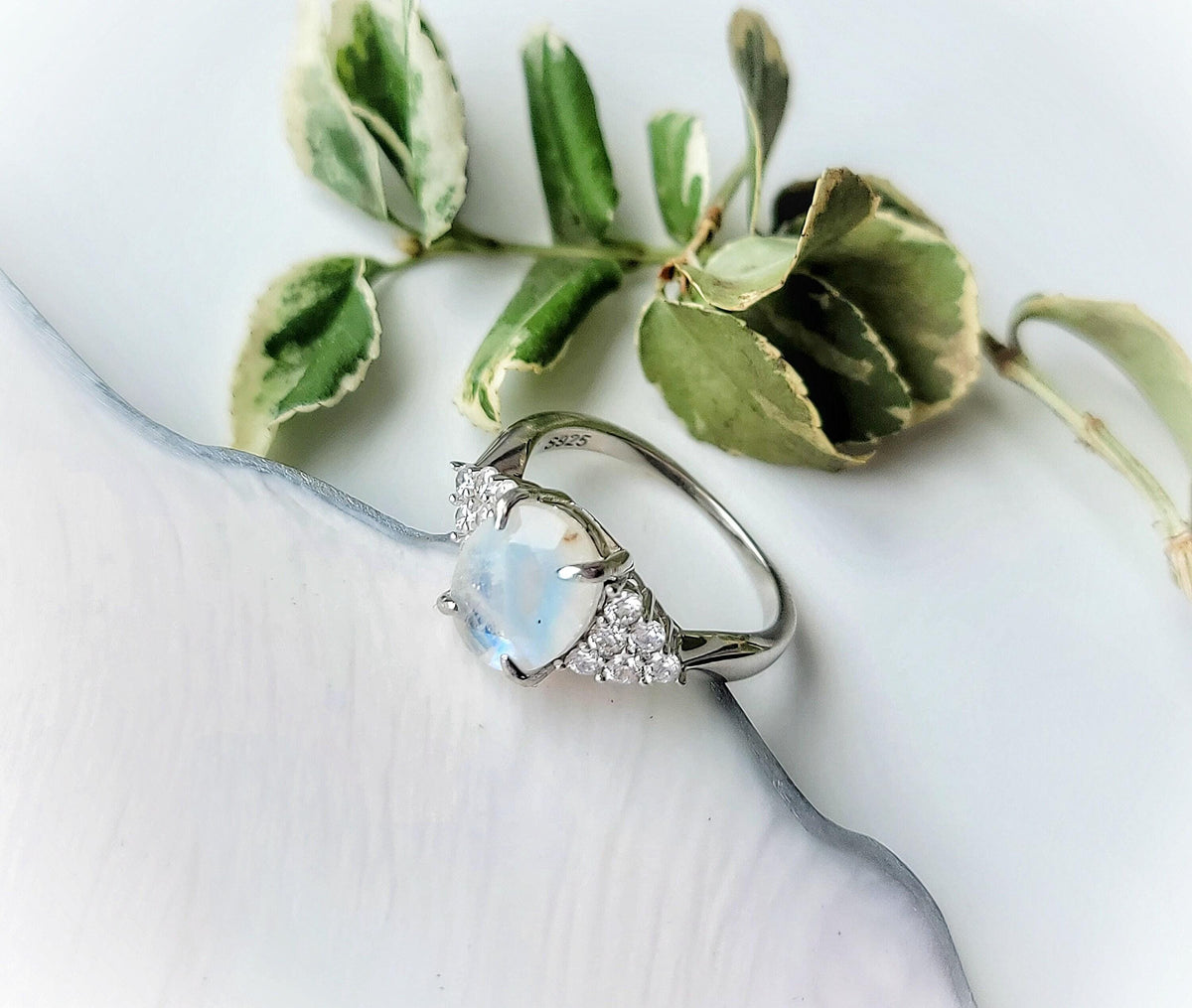 Dainty Moonstone Ring: Rhodium Plated 925 Sterling Silver Engagement Jewelry