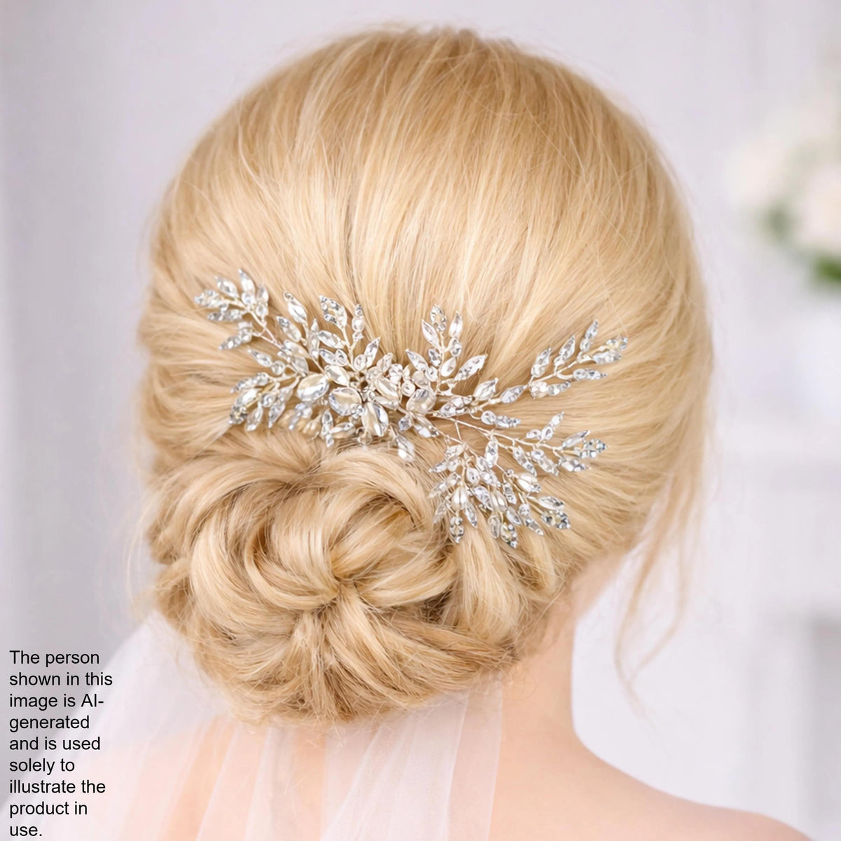 A close-up view of a woman's blonde hair with a decorative hair accessory featuring small, sparkling crystals.