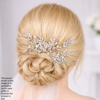 A close-up view of a woman's blonde hair with a decorative hair accessory featuring small, sparkling crystals.