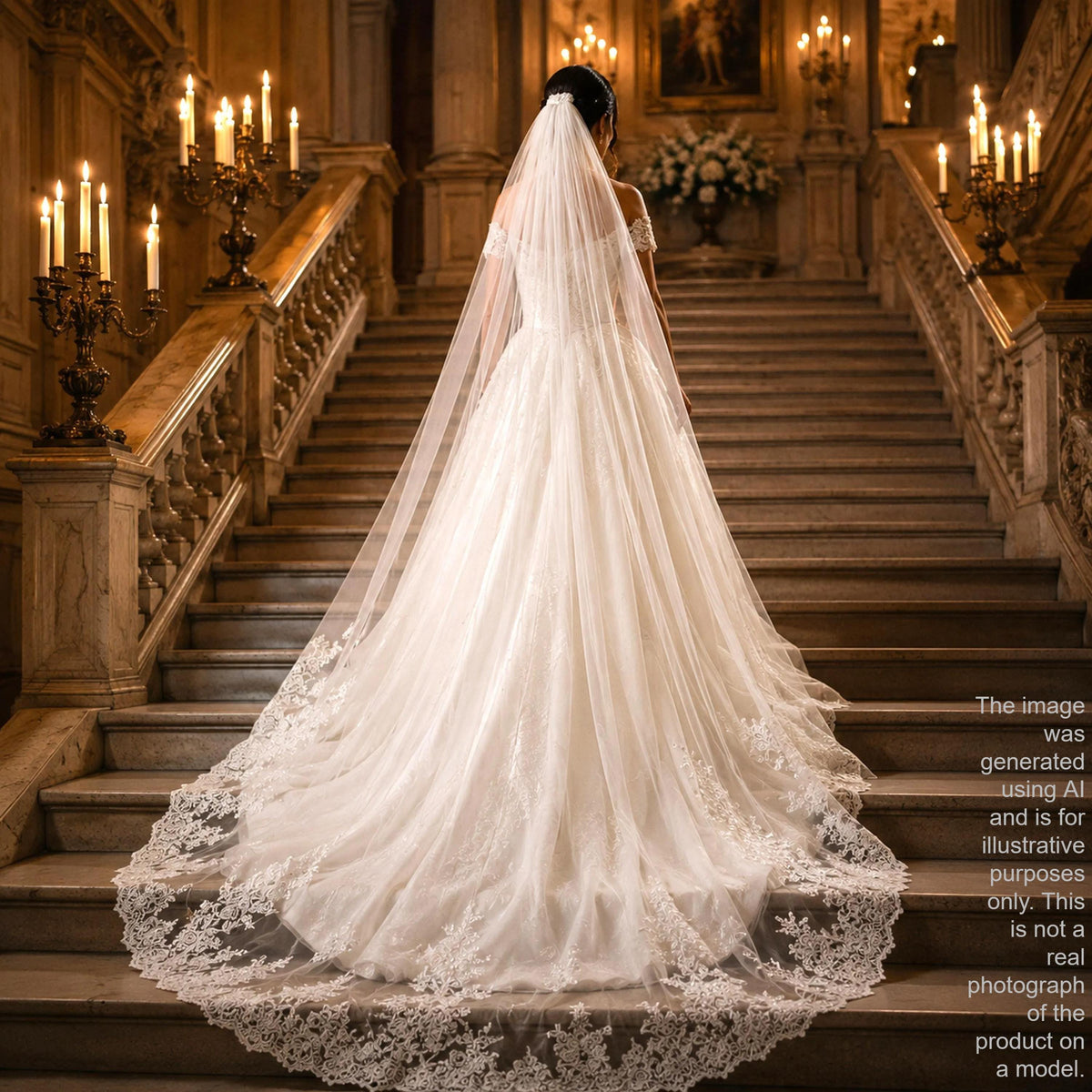 A bride in a long white wedding dress with a veil is walking down a staircase in a grand, ornate building.